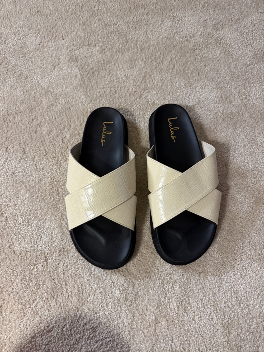 Lulu's Cream Croc-Embossed Crisscross Slide Sandals